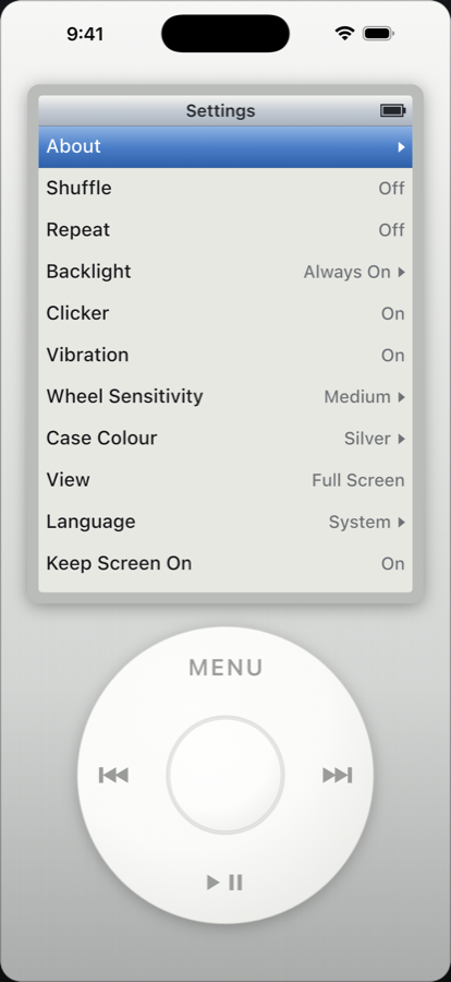 Settings with Shuffle, Repeat, Backlight, Clicker and Vibration.
