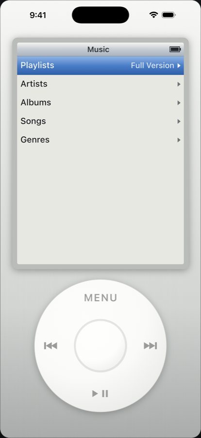 Music menu with Playlists, Artists, Albums, Songs and Genres.